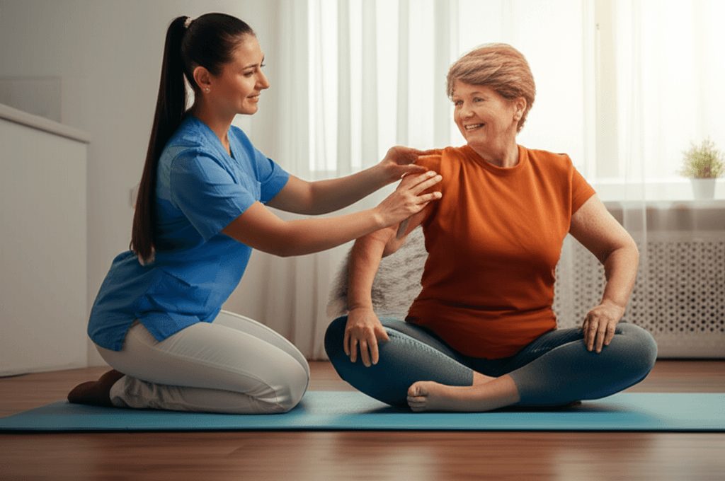 Kinesiólogo profesional atendiendo paciente en casa